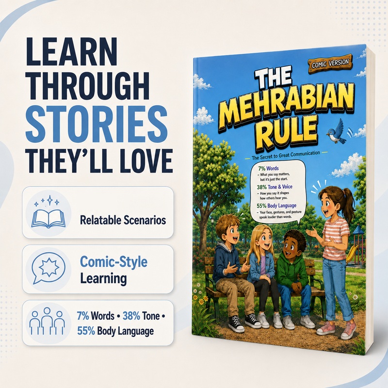 The Mehrabian Rule: Comic Edition for Kids — relatable scenarios, comic-style learning; 7% words, 38% tone, 55% body language