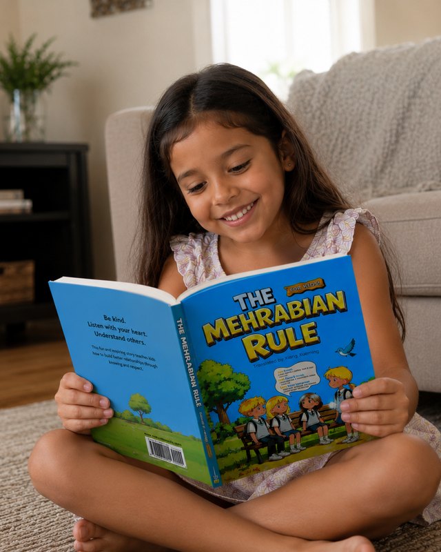 A girl reading The Mehrabian Rule on the sofa, back cover showing