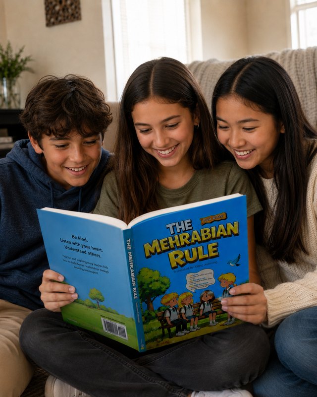 Three teenagers reading The Mehrabian Rule together