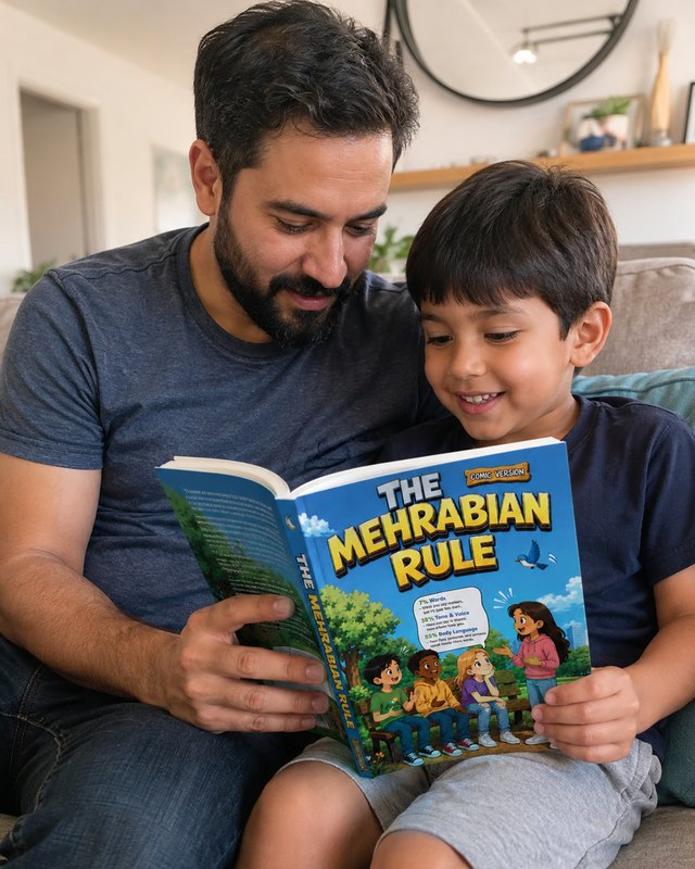 A father and son reading The Mehrabian Rule together