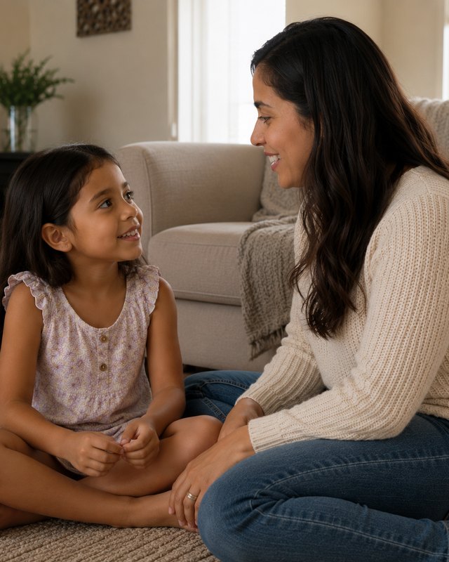 A mother and daughter talking on the living-room floor